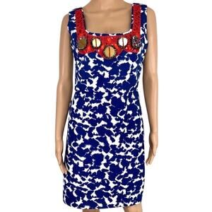 MILLY Abstract Print Beaded Sheath Blue White Coral Dress | 4